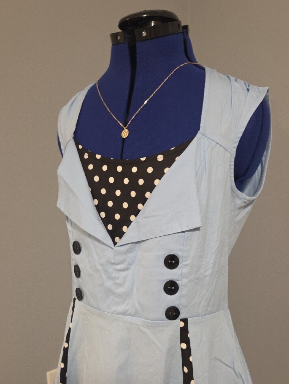 Light Blue Sleeveless Midi Dress with Black Polka Dot Insets - Picture 5 of 6